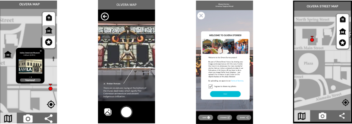 Mid-fidelity prototype screens showing AR experience interface