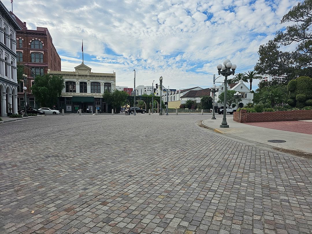Historic Olvera Street plaza with cobblestone streets and traditional architecture