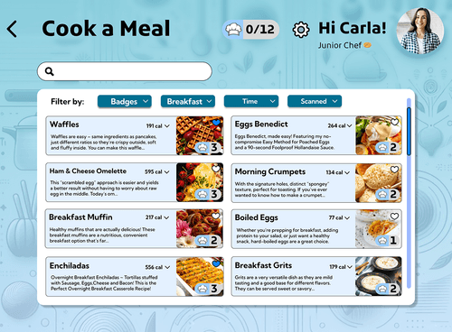 Meal selection interface with filtering options and badge rewards