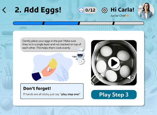 Active cooking interface with progress tracking and video instructions