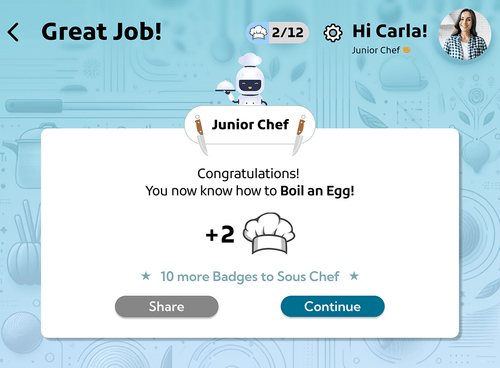 Meal completion screen with badge rewards and chef level progression