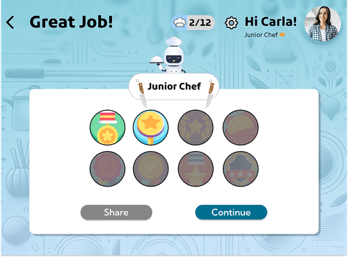 Achievements gallery showing earned badges and cooking milestones