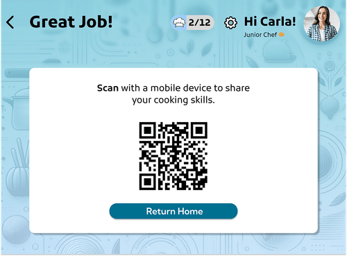 Social sharing interface with QR code for sharing cooking achievements