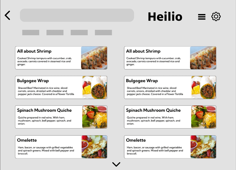 Meal selection screen with recipe cards