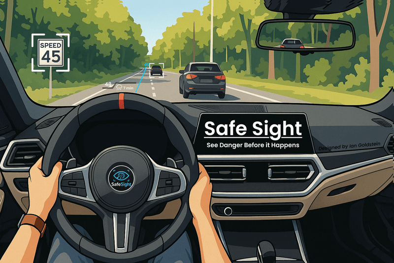 Safe Sight AR heads-up display interface showing navigation and hazard warnings